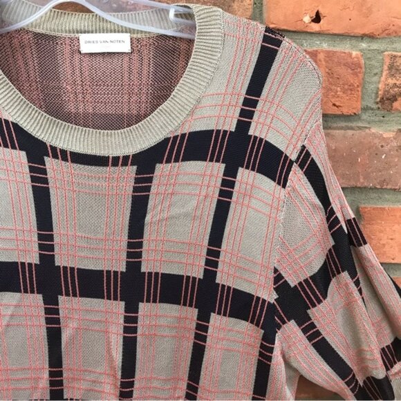 Dries Van Noten Check Print Knit Pullover Crew Sweater Preppy Top Short Sleeve L - Picture 5 of 16